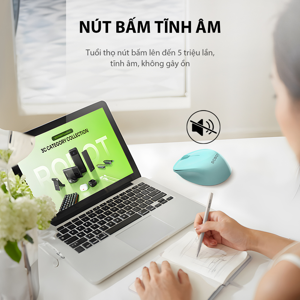 Chuột Không Dây 2.4GHz ROBOT M210S Chuột Tĩnh Âm Tặng Kèm Pin Phù Hợp Cho PC/Laptop