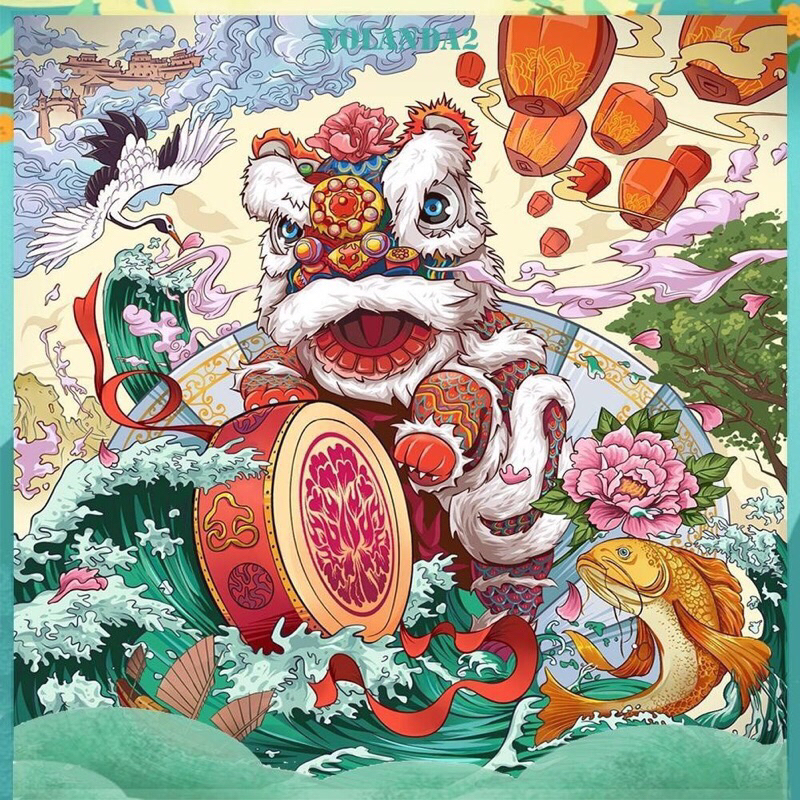Có Sẵn Bộ tranh đính đá hình múa lân đặc sắc size 30*30cm trang trí nhà cửa