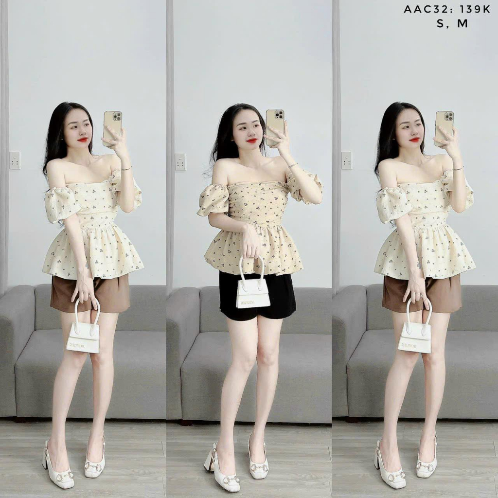 Áo Trễ Vai Nhún Lưng Đũi Hoa