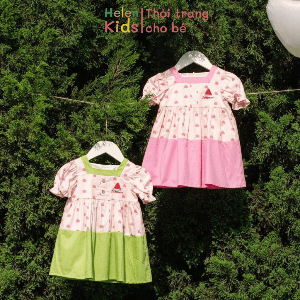 Váy Cộc Tay Bé Gái Helen Kids Váy Tay Bồng Thô Lụa Cho Bé OP5154