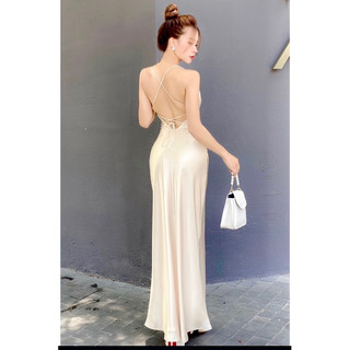 Đầm lụa hai dây cổ đổ hở lưng dáng dài sang chảnh - váy lụa hai dây cổ đổ hở lưng dáng dài tôn dáng - maxi dress