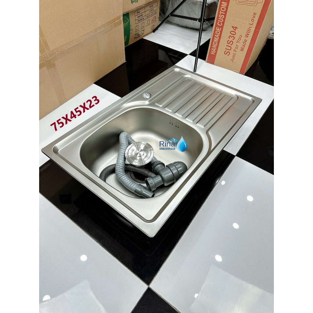 Chậu Rửa Chén Bồn Rửa Chén 1 Hộc Có Bàn Chờ C08 KT 75X45 Kèm Bộ Xả Chống Hôi Và Vòi Rửa Chén