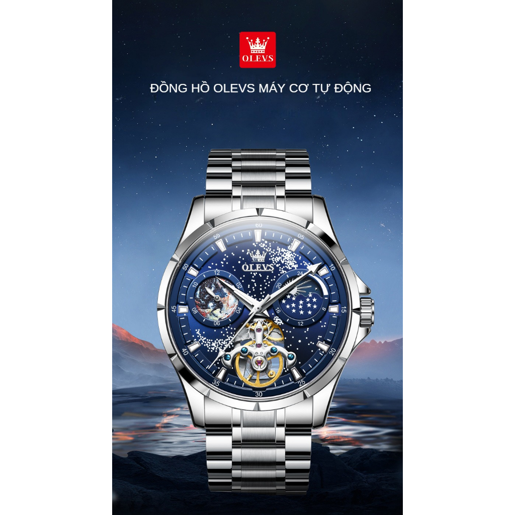 Đồng hồ nam cao cấp Olevs máy cơ size 42mm, chống nước 30m,bảo hành toàn quốc 12 tháng chính hãng Olevs