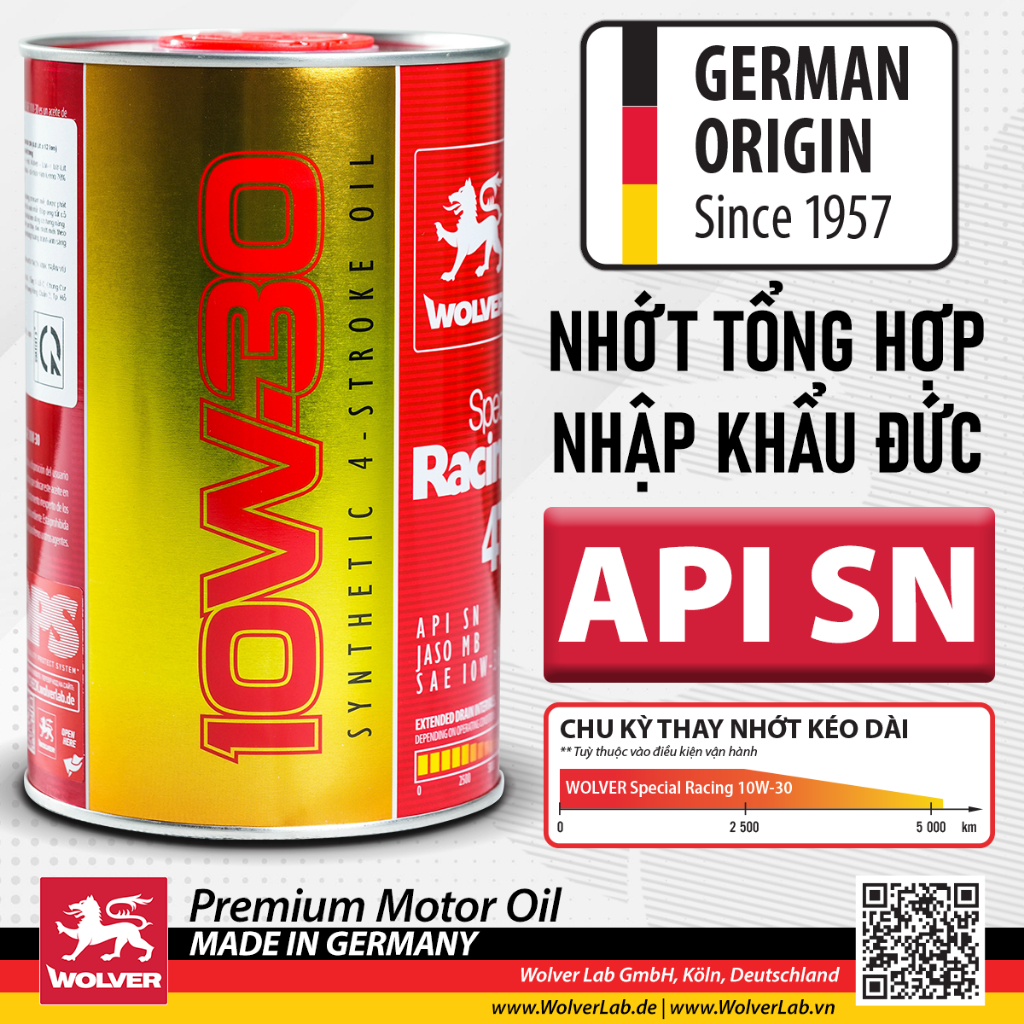 Nhớt xe tay ga WOLVER SPECIAL RACING 4T 10W30 SN . Sản xuất tại Đức