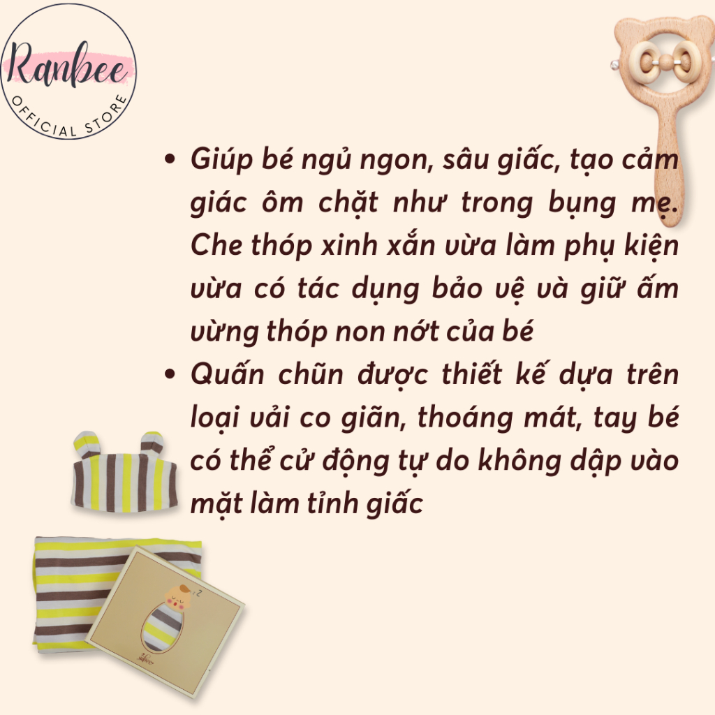 Quấn chũn sơ sinh hình gấu Ranbee cho bé ngủ ngon co giãn 4 chiều thấm hút mồ hôi 175*70cm