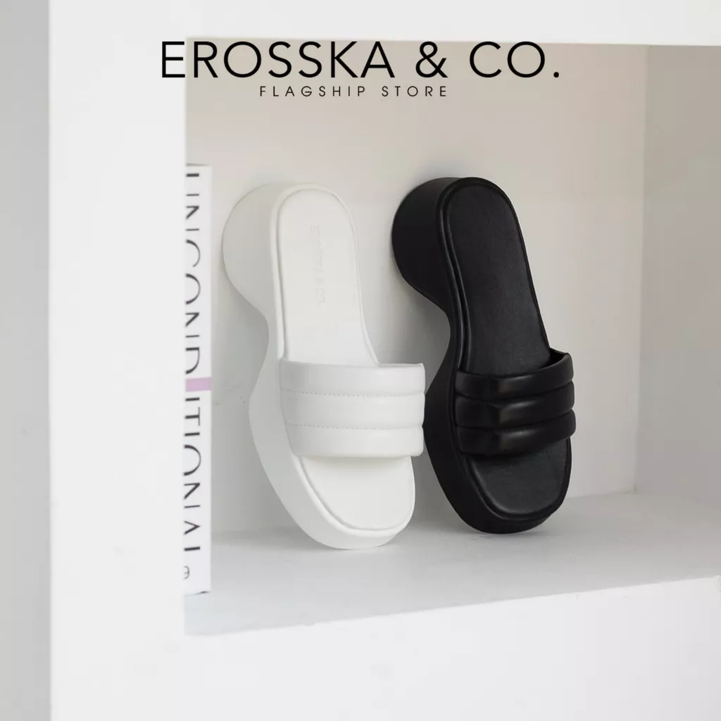 Erosska - Dép nữ quai ngang đế bánh mì phong cách cá tính cao 5cm màu đen _ SB002