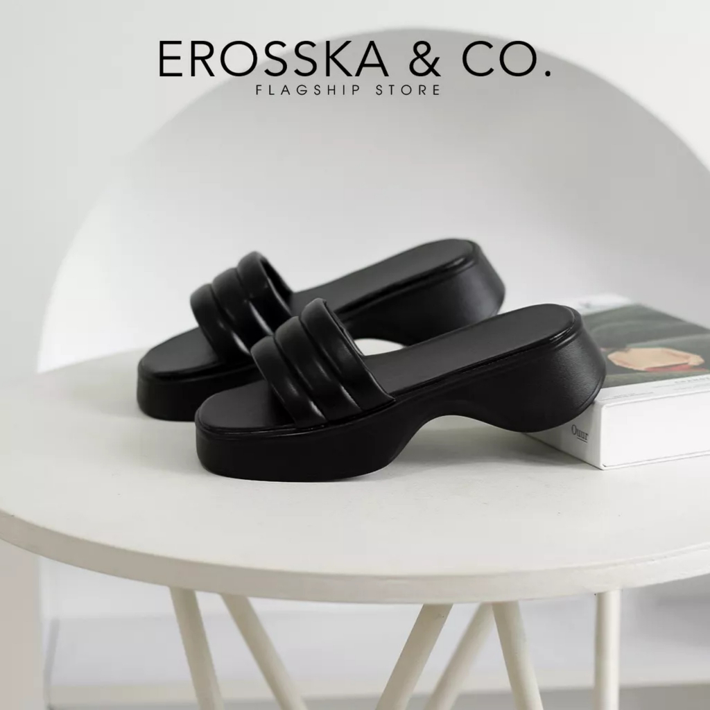 Erosska - Dép nữ quai ngang đế bánh mì phong cách cá tính cao 5cm màu đen _ SB002