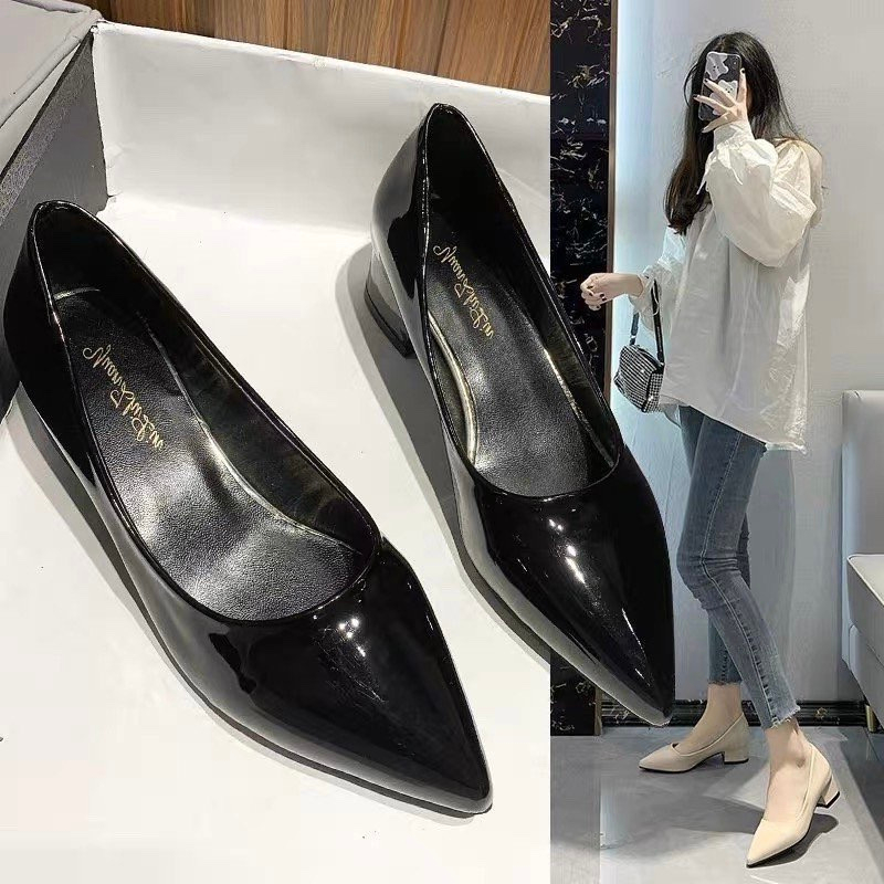 Giày Cao Gót Nữ 3 Phân Da Bóng Màu Đen Thời Trang