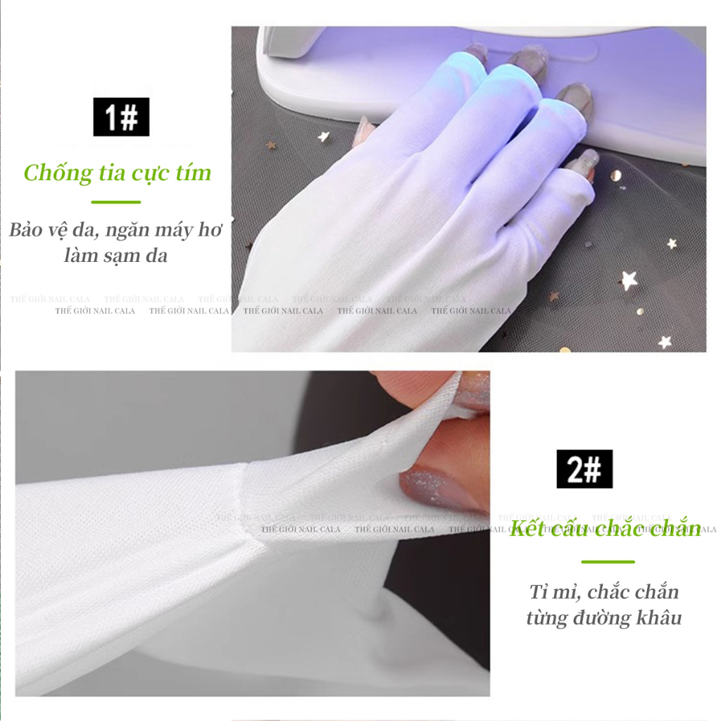Găng tay vải hơ đèn làm nail màu đen trắng chống tia UV - Kèm băng keo dán ngón tay - găng tay chống tia Uv