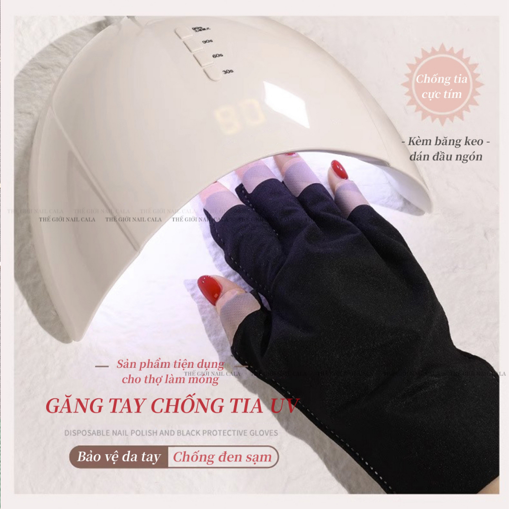 Găng tay vải hơ đèn làm nail màu đen trắng chống tia UV - Kèm băng keo dán ngón tay - găng tay chống tia Uv
