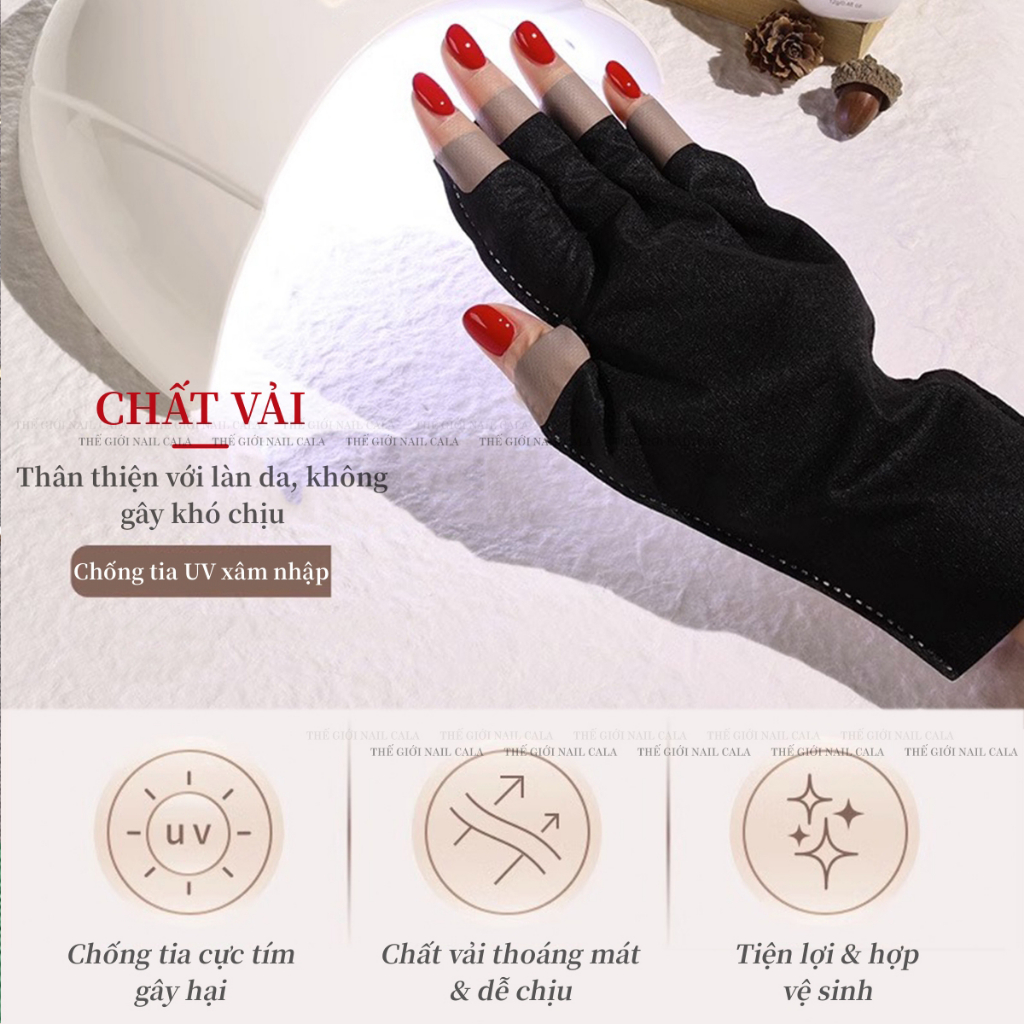 Găng tay vải hơ đèn làm nail màu đen trắng chống tia UV - Kèm băng keo dán ngón tay - găng tay chống tia Uv