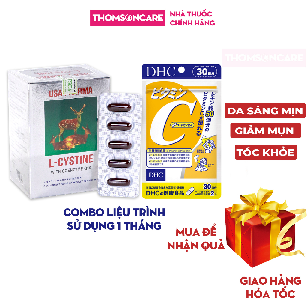 Combo viên uống trắng da Lcystine 60 viên và Vitamin C DHC 60 viên sáng mịn da, giảm thâm mụn, tóc chắc khỏe