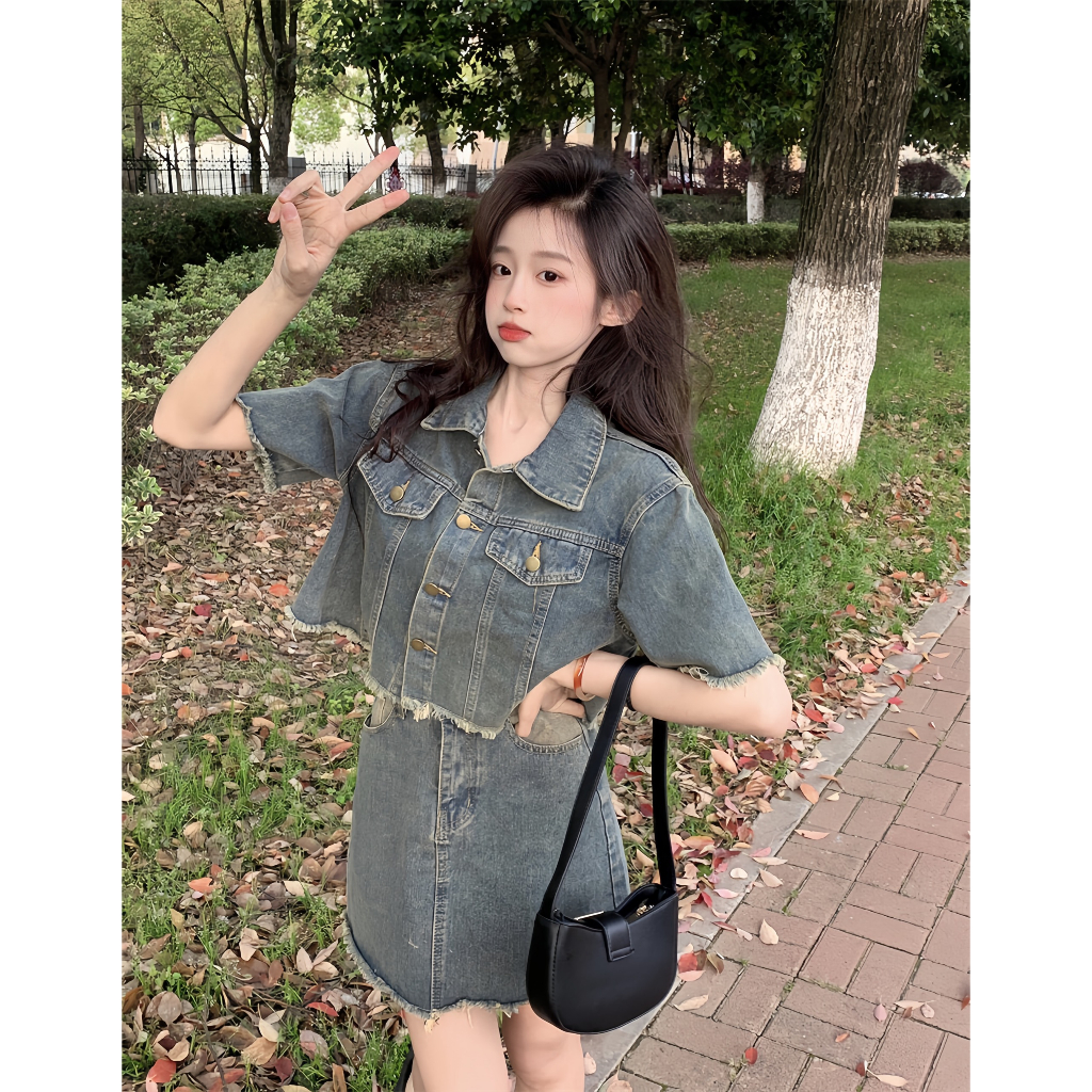 Set bộ Bò Denim, Set Áo Croptop Jean Cộc Tay Mix Kèm Chân Váy Ngắn Chữ A