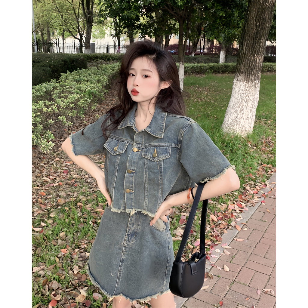 Set bộ Bò Denim, Set Áo Croptop Jean Cộc Tay Mix Kèm Chân Váy Ngắn Chữ A