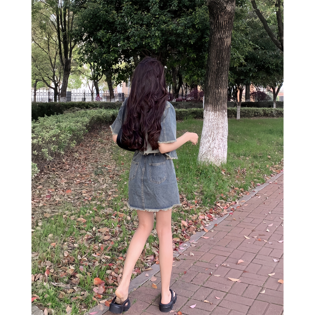 Set bộ Bò Denim, Set Áo Croptop Jean Cộc Tay Mix Kèm Chân Váy Ngắn Chữ A