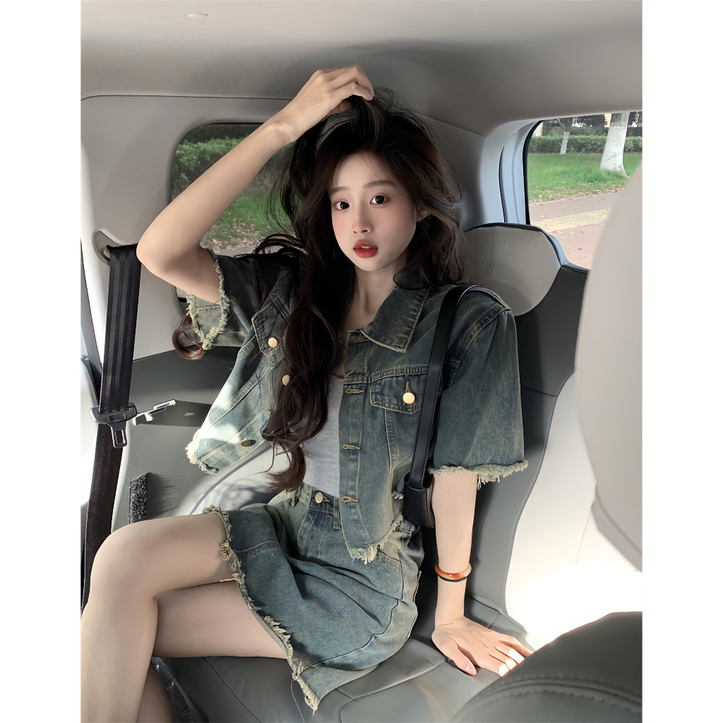 Set bộ Bò Denim, Set Áo Croptop Jean Cộc Tay Mix Kèm Chân Váy Ngắn Chữ A