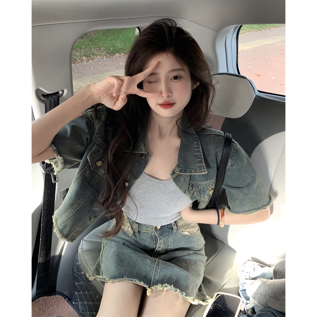 Set bộ Bò Denim, Set Áo Croptop Jean Cộc Tay Mix Kèm Chân Váy Ngắn Chữ A