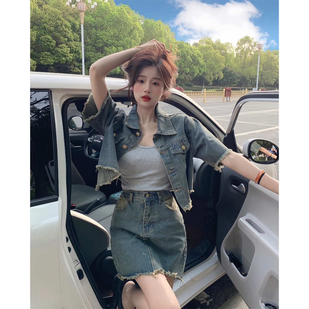 Set bộ Bò Denim, Set Áo Croptop Jean Cộc Tay Mix Kèm Chân Váy Ngắn Chữ A