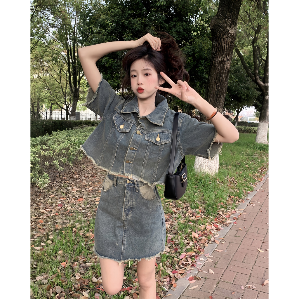 Set bộ Bò Denim, Set Áo Croptop Jean Cộc Tay Mix Kèm Chân Váy Ngắn Chữ A