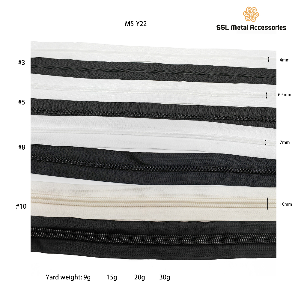 Dây kéo răng cước/nhựa cao cấp màu trắng, đen - nylon zipper MS-Y22 , răng #3/#5/#8/#10 (1 mét)(không kèm đầu khóa kéo)
