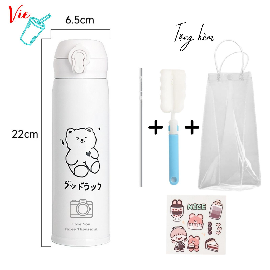 Bình Giữ Nhiệt VieCup - Ly Giữ Nhiệt Hình Gấu Inox 304 - Khắc Tên Theo Yêu Cầu Và Quà Tặng