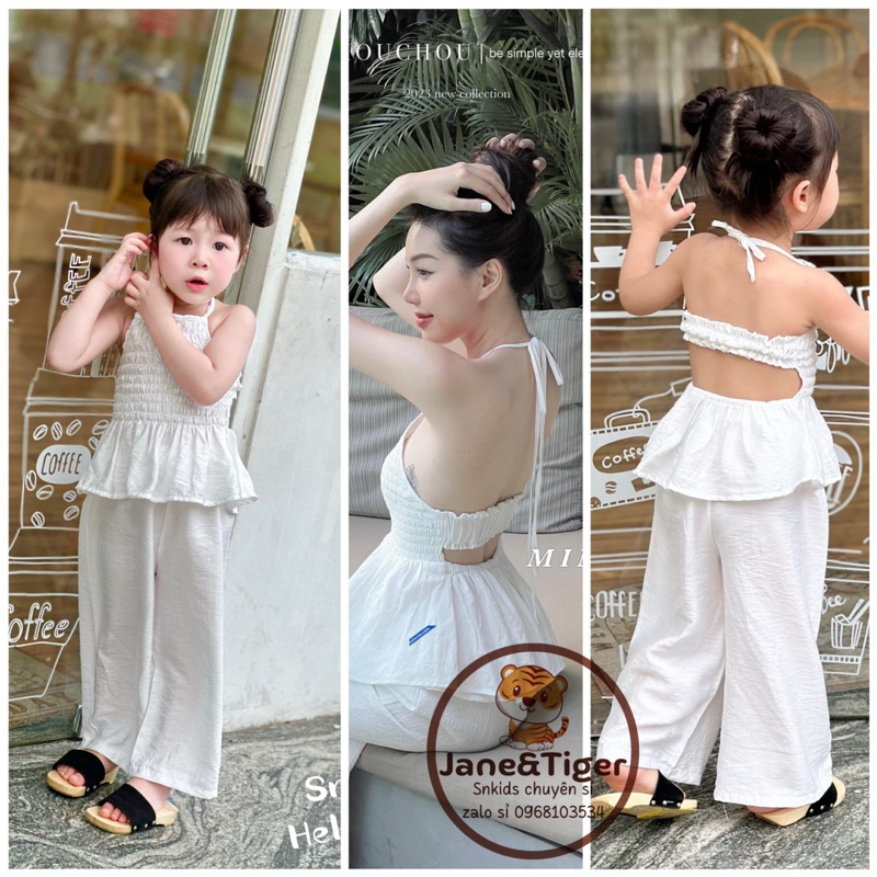 (9-30kg) giá sỉ hàng JANE Snkids set bộ đi biển, du lịch đũi mềm áo cổ yếm quần sớ suông, bộ sơ mi kèm áo thun bé gái
