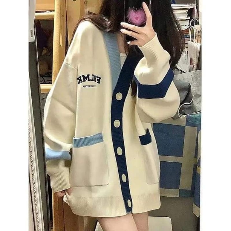 Áo khoác len cardigan dáng dài bigsize hoạ tiết kẻ sọc xanh