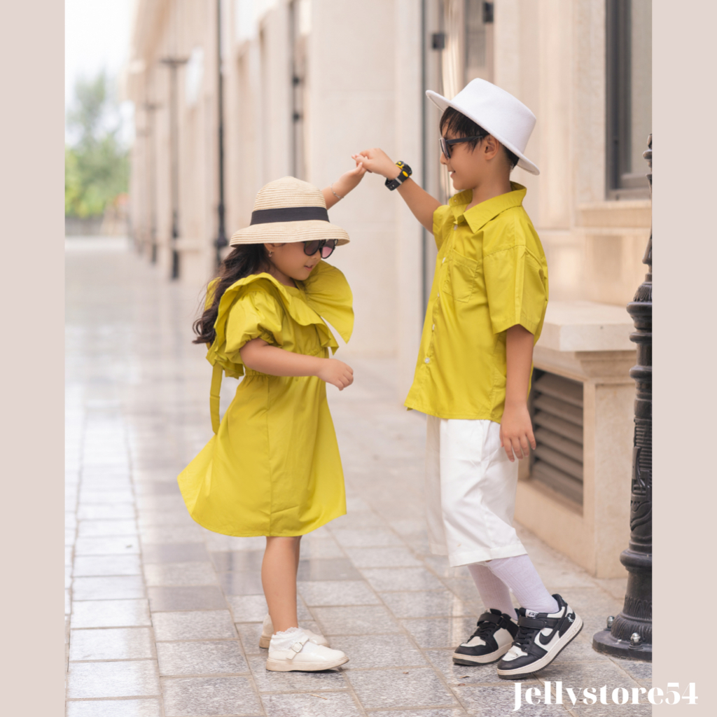 Set Gia Đình cổ bèo xanh bơ, thắt nơ sau, chun eo xinh xắn, kèm ảnh thật