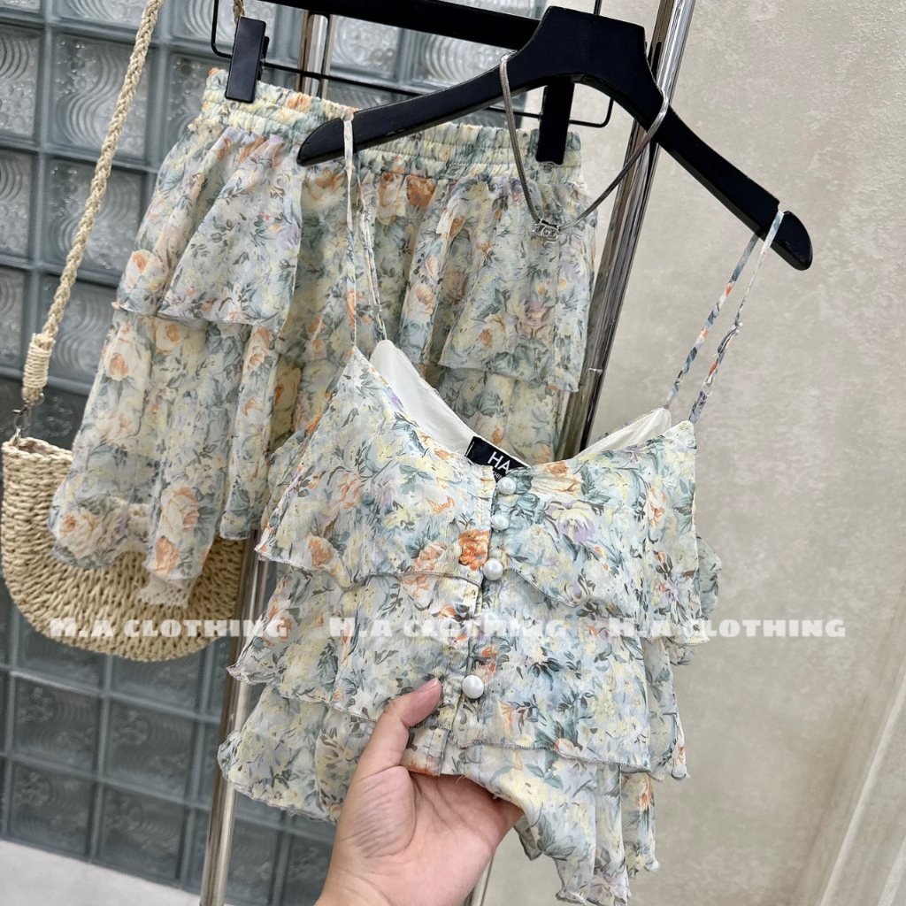 Set Bộ Đồ Nữ Áo Hoa 2 Dây Bèo Tầng Phối Cúc Ngọc Mix Chân Váy Xòe Có Lót Trong Freesize S201