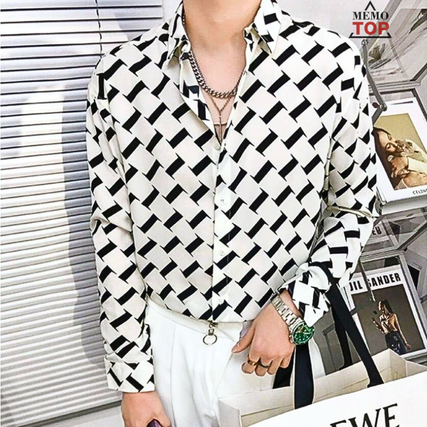 Áo sơ mi Nam Kiểu MEMOTOP  Họa Tiết Dài Tay Vải Lụa Trung Co Giãn Cao Cấp Mềm Mát Form Slim Mặc Dự Tiệc Đi Chơi Đẹp HT03