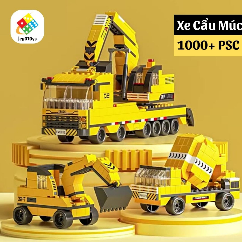 Lego Máy Cần Cẩu Múc 1000+ Mảnh Ghép - Trọn Bộ Đồ Chơi Lego Lắp Ráp Công Trình Xây Dựng - Lắp Được Xe Lu, Xe Ủi, Máy Cẩu