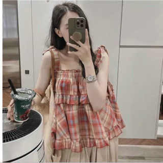 Áo caro dây cột vai xinh hai tầng b700