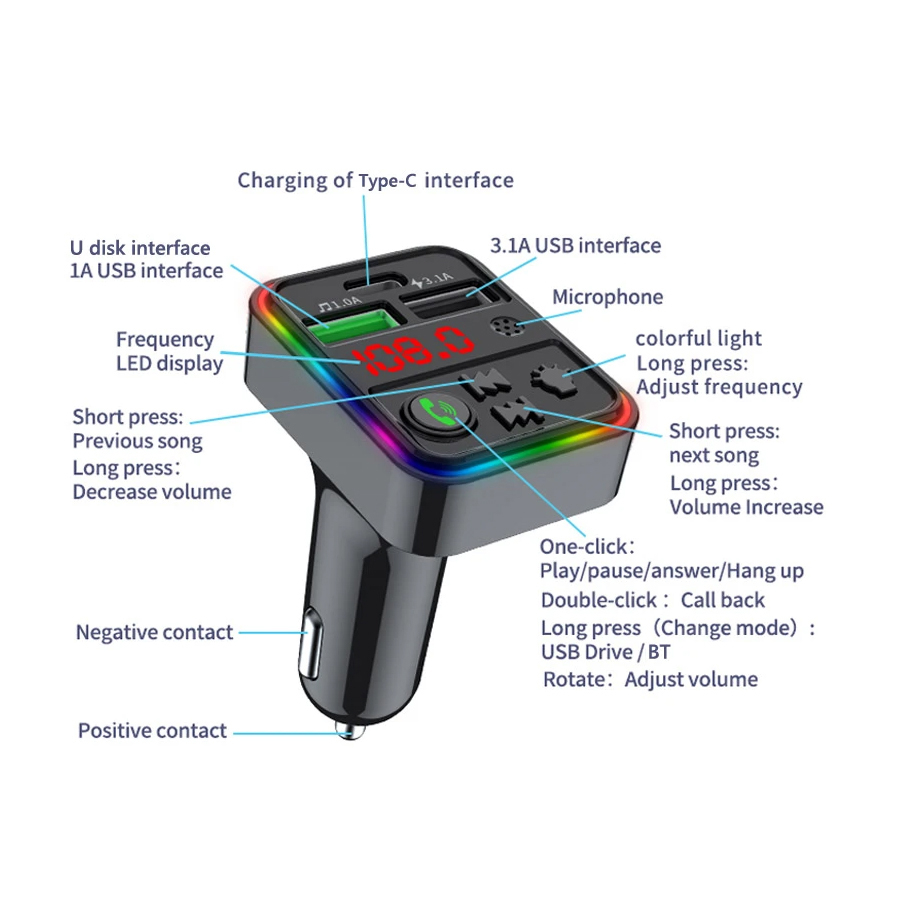 Tẩu Sạc Nhanh QC3.0 + PD 25W Kết Nối Bluetooth Nghe Nhạc MP3 2 Cổng USB Và 1 Cổng Type C CIND F18 25W - Nhập Khẩu