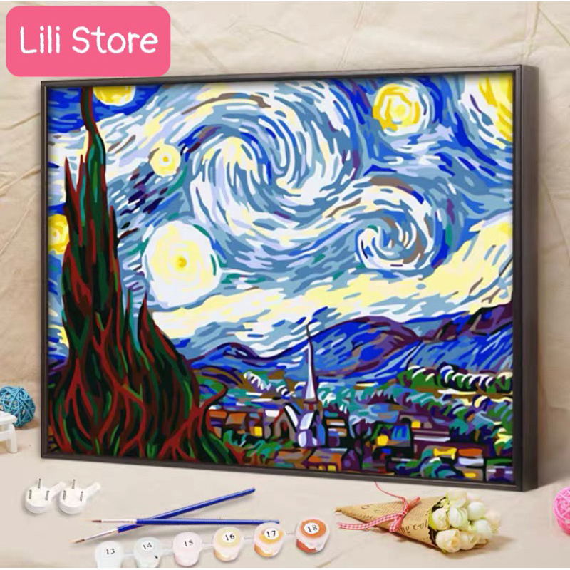 Tranh sơn dầu số hóa DIY khổ 40x50cm đã căng khung- Tranh "The Starry Night" Van Gogh