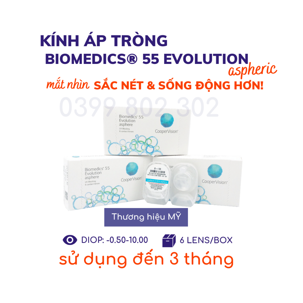 (sử dụng 3 tháng) Kính áp tròng cận thị không màu Biomedics 55UV Evolution Asphere(có đến 10 độ)