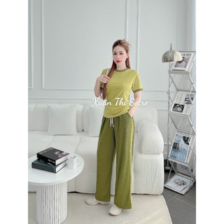 Set bộ nữ thun gân tăm lạnh quần dài ống suông mặc nhà siêu dễ thương-G004