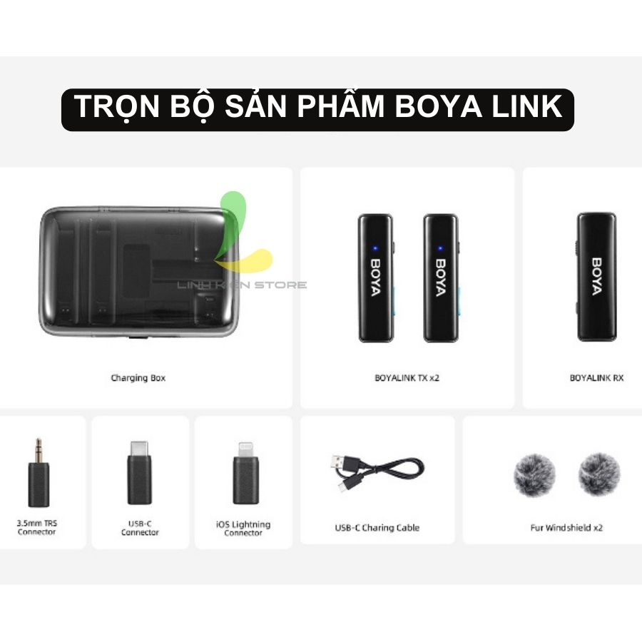 Micro thu âm không dây HOSAN BOYALINK (BOYA LINK) công nghệ 2.4GHz kênh đôi cổng Light.ningg, Type-C, 3.5mm TRS