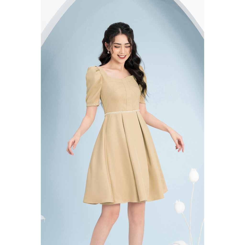 Váy Cổ Vuông Thiết Kế Tay Bồng Luperi LFV3286 Đính Ngọc Ở Eo Trẻ Trung Đi Làm Đi Chơi Đều Được