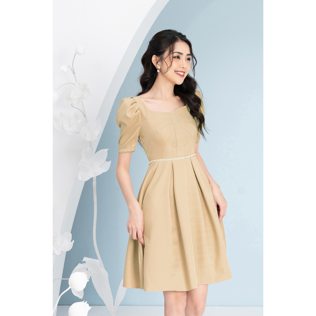 Váy Cổ Vuông Thiết Kế Tay Bồng Luperi LFV3286 Đính Ngọc Ở Eo Trẻ Trung Đi Làm Đi Chơi Đều Được