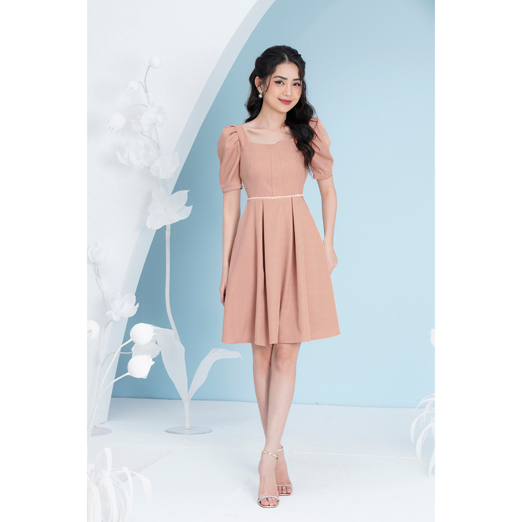 Váy Cổ Vuông Thiết Kế Tay Bồng Luperi LFV3286 Đính Ngọc Ở Eo Trẻ Trung Đi Làm Đi Chơi Đều Được