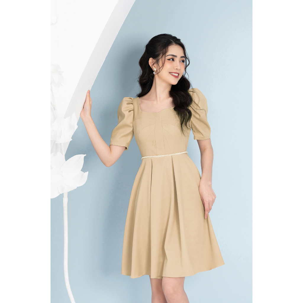 Váy Cổ Vuông Thiết Kế Tay Bồng Luperi LFV3286 Đính Ngọc Ở Eo Trẻ Trung Đi Làm Đi Chơi Đều Được