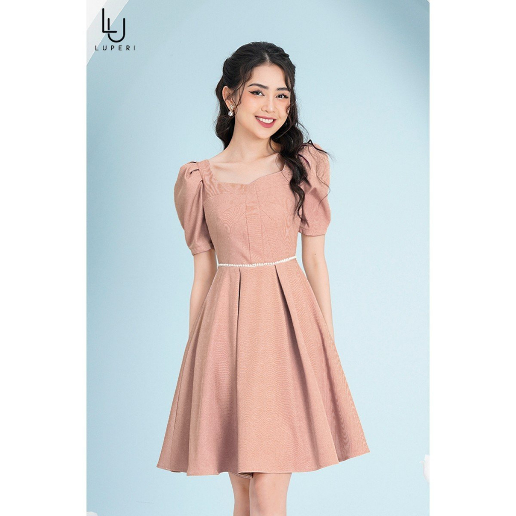 Váy Cổ Vuông Thiết Kế Tay Bồng Luperi LFV3286 Đính Ngọc Ở Eo Trẻ Trung Đi Làm Đi Chơi Đều Được