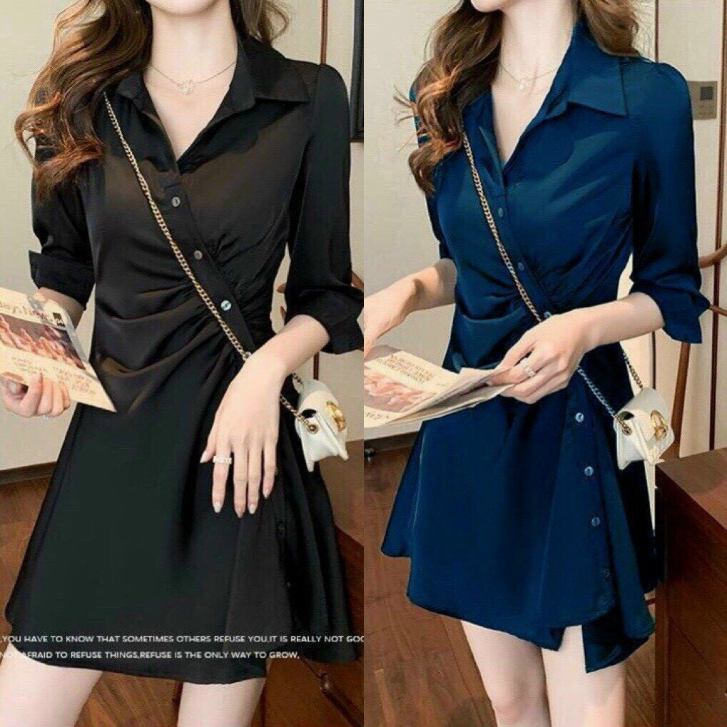 Đầm váy sơ mi dáng xòe nhẹ cài nút chéo, váy xòe lụa Ý đi làm công sở thường ngày cho nữ size M,L,XL