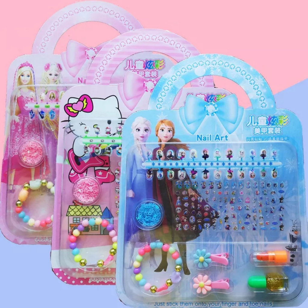 Bộ đồ chơi móng tay giả kèm sơn sticker dán móng cho bé dễ thương m Elsa Công chúa Elsa Ariel Sophia Peppa Pony Unicorn