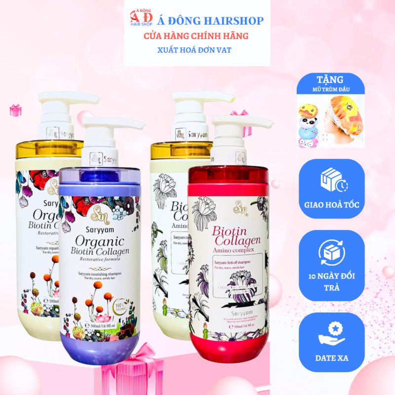 [+Mũ] Bộ dầu gội xả nước hoa Sinhair Saryyam Organic Biotin Collagen phục hồi, giảm rụng, mềm mượt, sạch gàu New 500ml*2