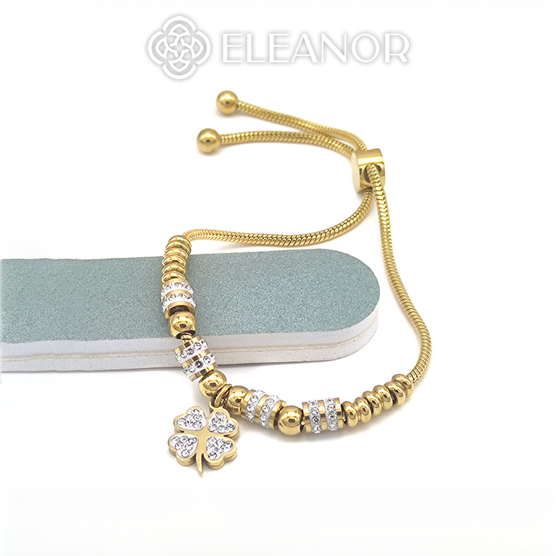 Vòng tay nữ dây rút titan Eleanor Accessories mặt hình cỏ bốn lá đính đá phụ kiện trang sức 5844