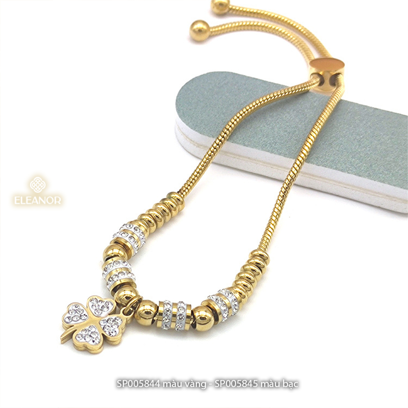 Vòng tay nữ dây rút titan Eleanor Accessories mặt hình cỏ bốn lá đính đá phụ kiện trang sức 5844