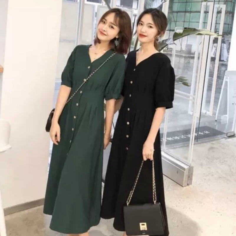 Đầm cổ V xếp li form dài 2 màu (kèm hình thật)