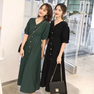 Đầm cổ V xếp li form dài 2 màu