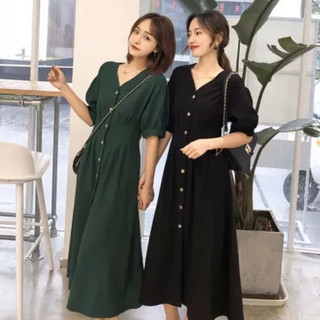 Đầm cổ V xếp li form dài 2 màu (kèm hình thật)